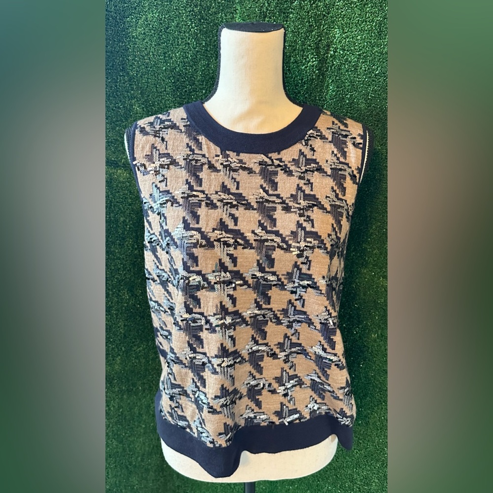 Ann Taylor, NEW Tan & Blue Sleeveless Sweater w/ Dark Silver Sequins; Size Large